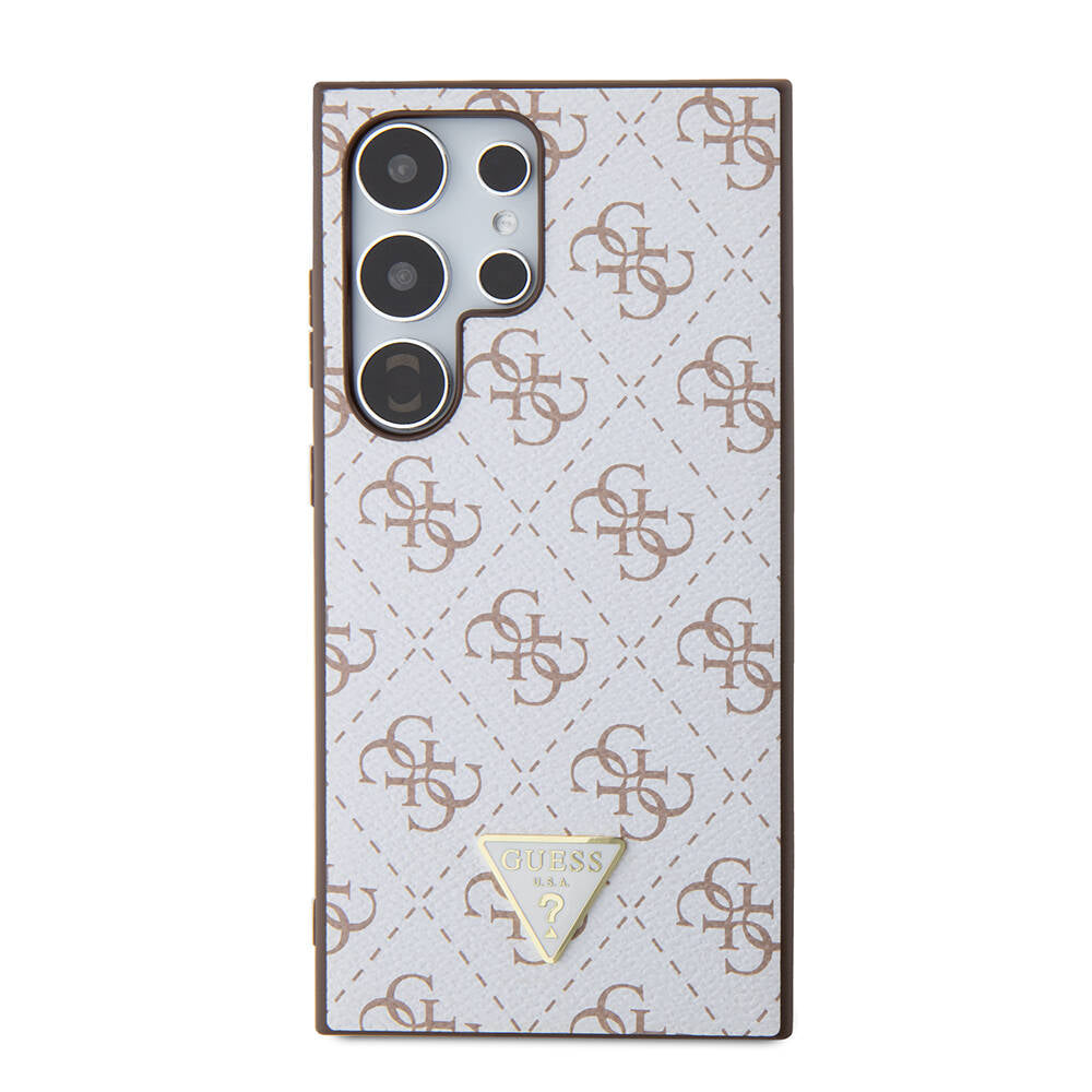 Galaxy S24 Ultra Kılıf Guess Orjinal Lisanslı PU Üçgen Logo 4G Desenli Kapak Beyaz