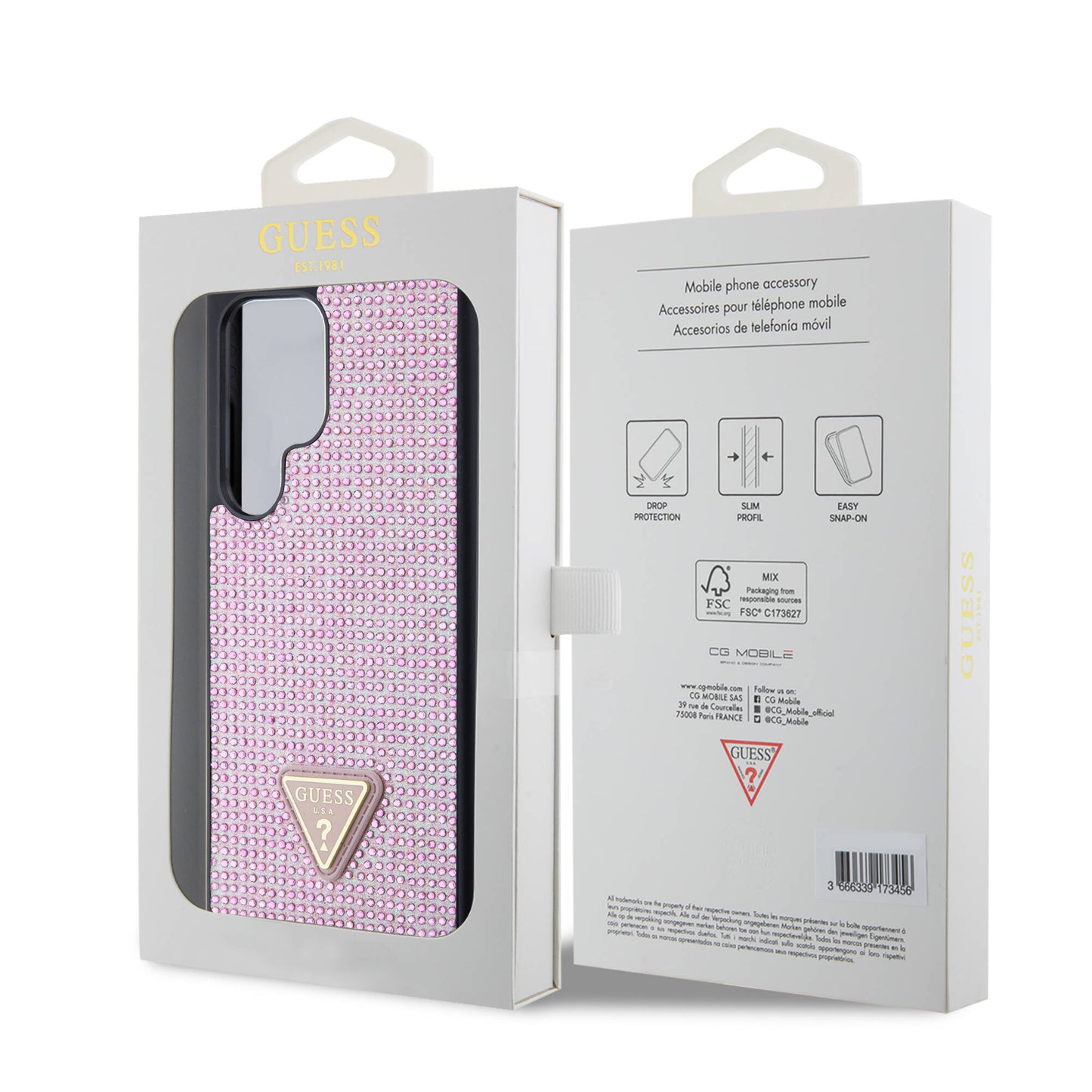 Galaxy S24 Ultra Kılıf Guess Orjinal Lisanslı Taşlı Arka Yüzey Üçgen Logolu Kapak Pembe