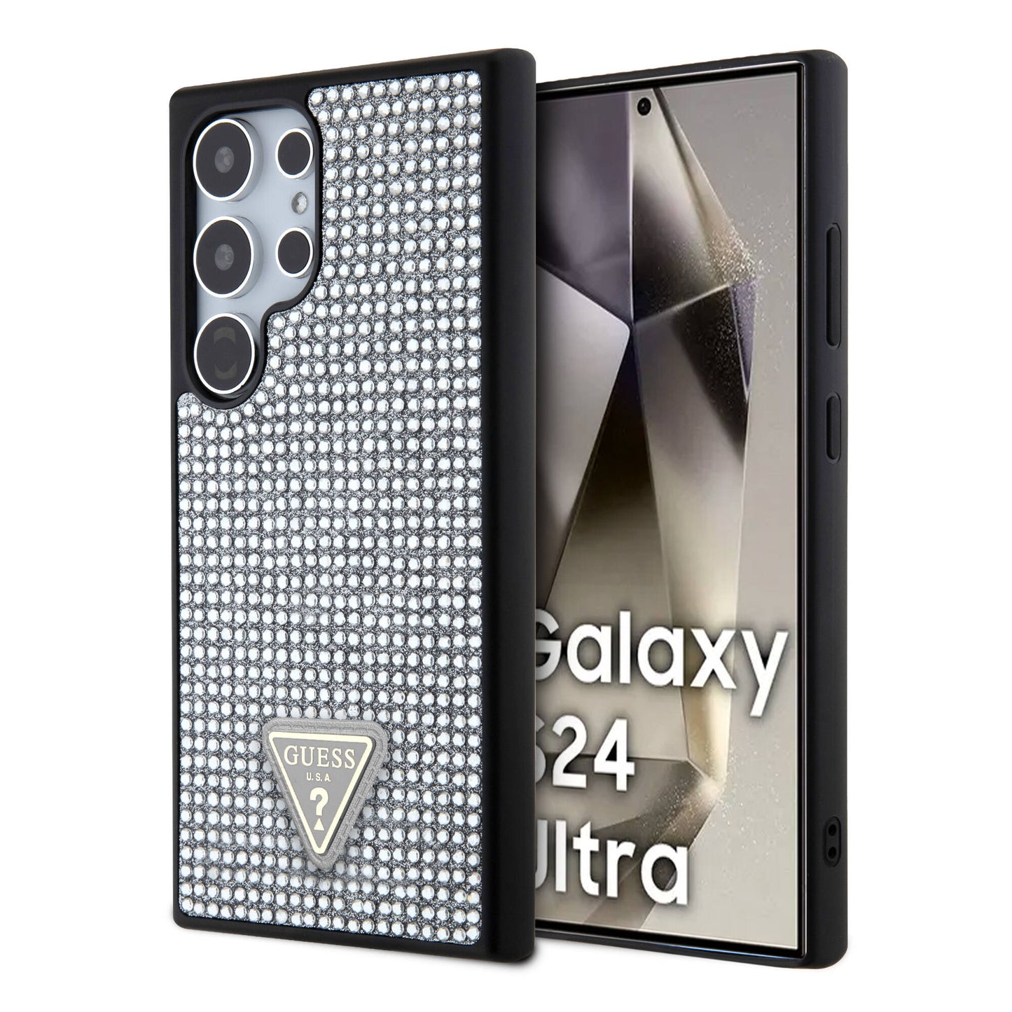 Galaxy S24 Ultra Kılıf Guess Orjinal Lisanslı Taşlı Arka Yüzey Üçgen Logolu Kapak Gümüş