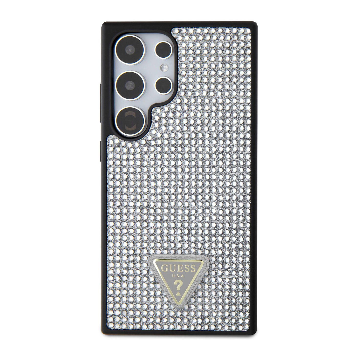 Galaxy S24 Ultra Kılıf Guess Orjinal Lisanslı Taşlı Arka Yüzey Üçgen Logolu Kapak Gümüş