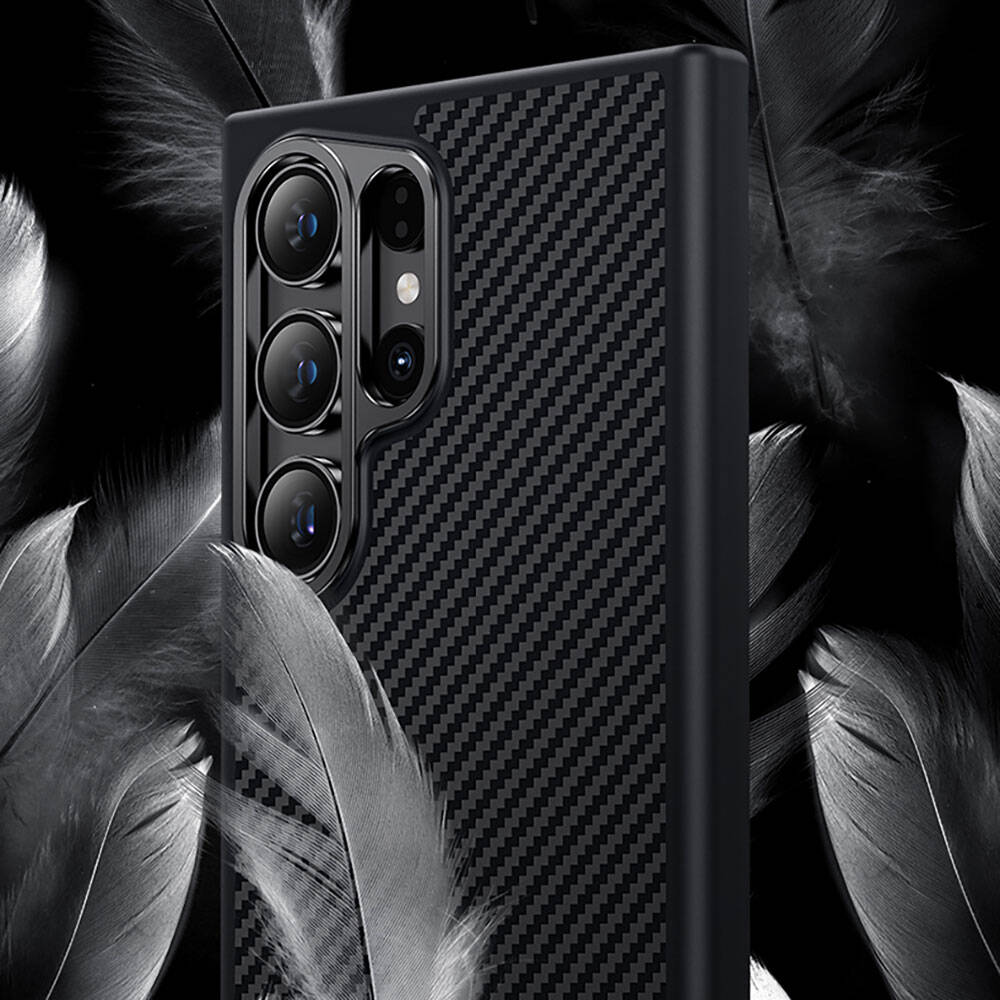 Galaxy S24 Ultra Kılıf Karbon Fiber M-safe Şarj Özellikli Benks Hybrid ArmorPro 600D Kevlar Kapak Siyah