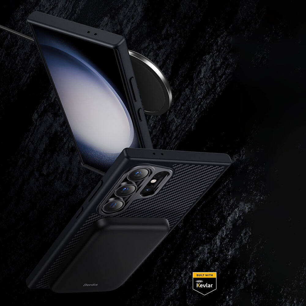 Galaxy S24 Ultra Kılıf Karbon Fiber M-safe Şarj Özellikli Benks Hybrid ArmorPro 600D Kevlar Kapak Siyah