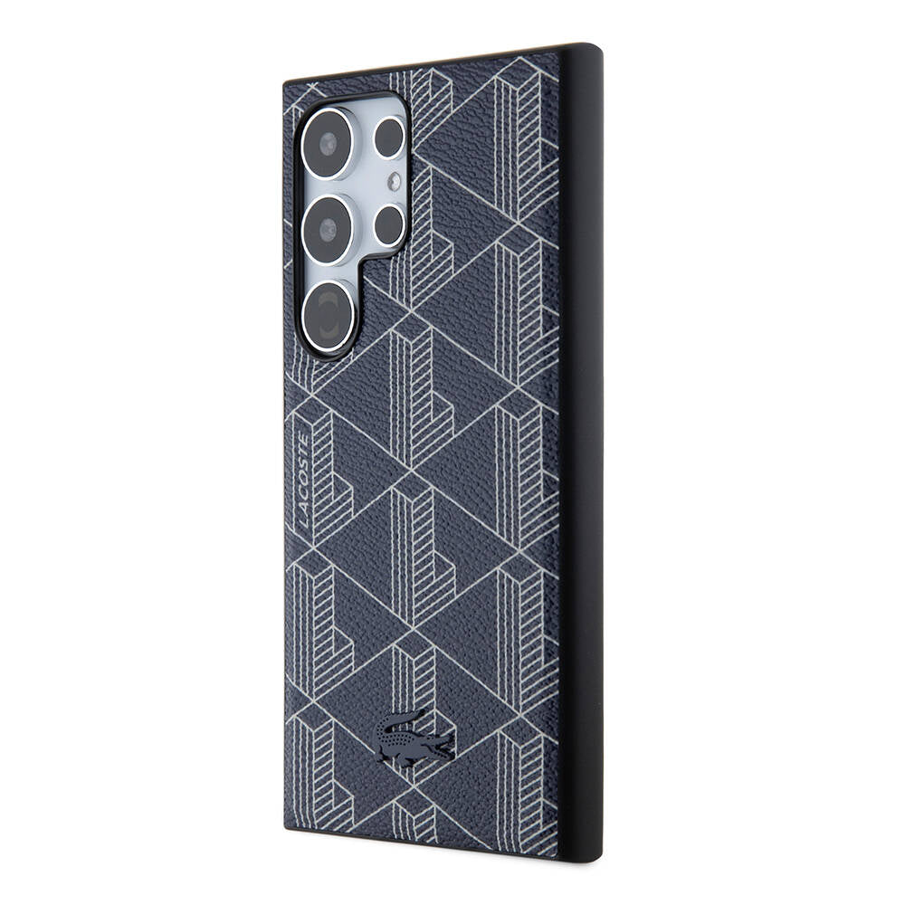 Galaxy S24 Ultra Kılıf Lacoste Orjinal Lisanslı M-safe Şarj Özellikli PU Deri Görünümlü Karışık Monogram Desenli Kapak Lacivert