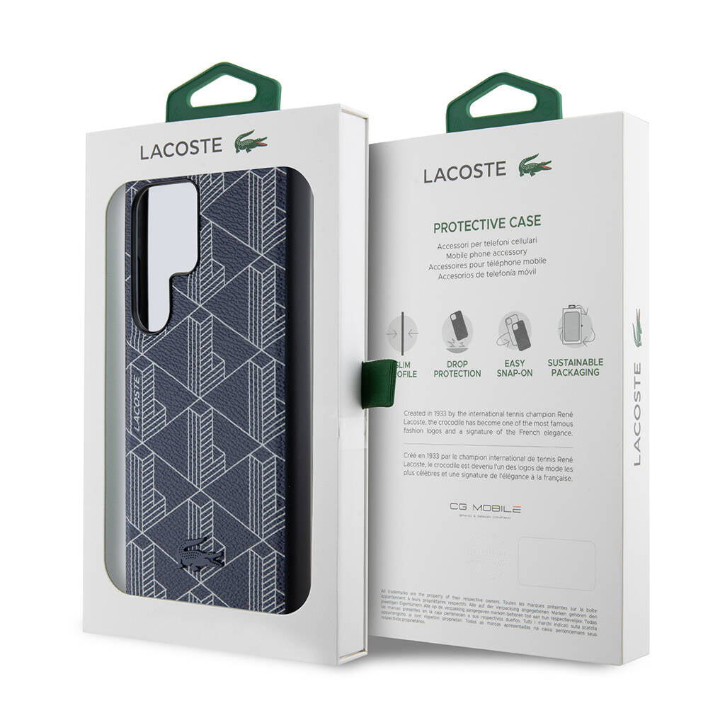 Galaxy S24 Ultra Kılıf Lacoste Orjinal Lisanslı M-safe Şarj Özellikli PU Deri Görünümlü Karışık Monogram Desenli Kapak Lacivert