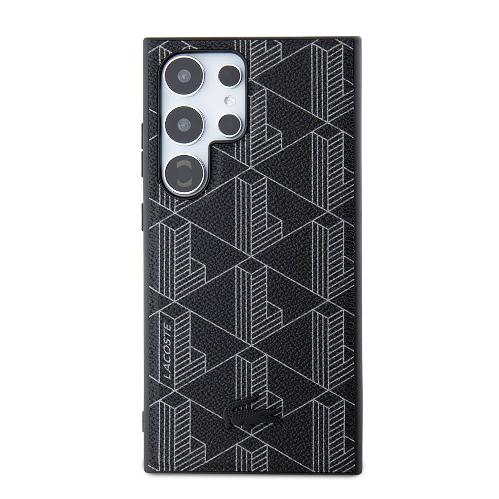 Galaxy S24 Ultra Kılıf Lacoste Orjinal Lisanslı M-safe Şarj Özellikli PU Deri Görünümlü Karışık Monogram Desenli Kapak Lacivert