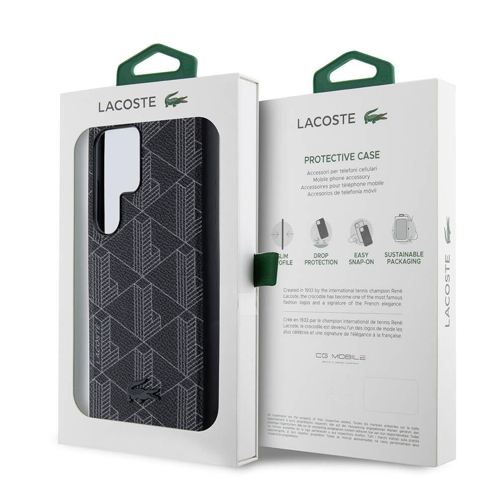 Galaxy S24 Ultra Kılıf Lacoste Orjinal Lisanslı M-safe Şarj Özellikli PU Deri Görünümlü Karışık Monogram Desenli Kapak Lacivert