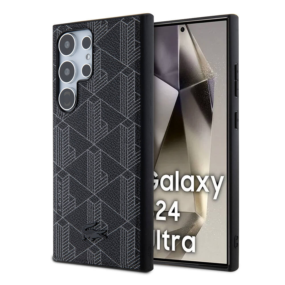 Galaxy S24 Ultra Kılıf Lacoste Orjinal Lisanslı M-safe Şarj Özellikli PU Deri Görünümlü Karışık Monogram Desenli Kapak Siyah