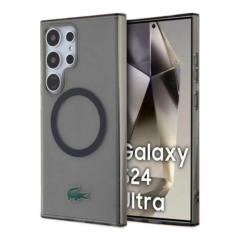 Galaxy S24 Ultra Kılıf Lacoste Orjinal Lisanslı M-safe Şarj Özellikli Transparan Timsah Logo Baskılı Kapak Siyah