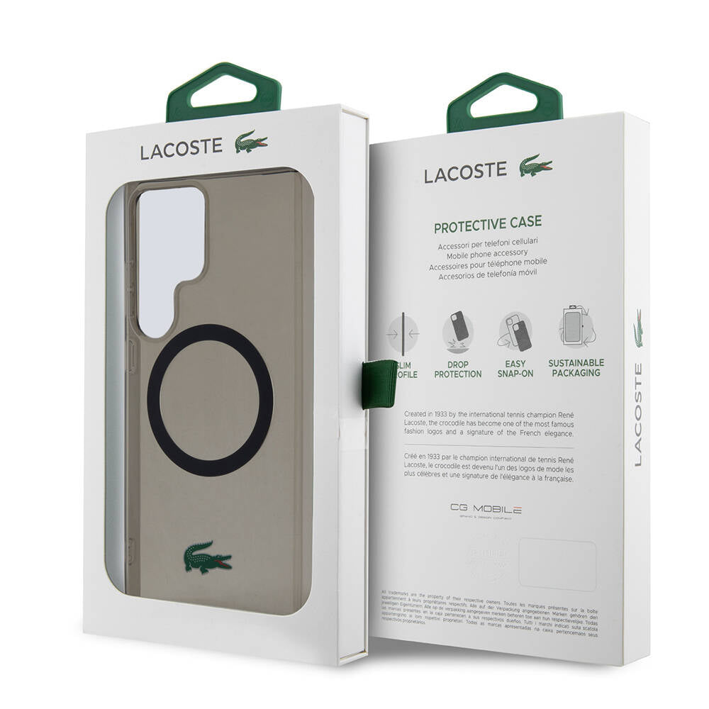 Galaxy S24 Ultra Kılıf Lacoste Orjinal Lisanslı M-safe Şarj Özellikli Transparan Timsah Logo Baskılı Kapak Siyah