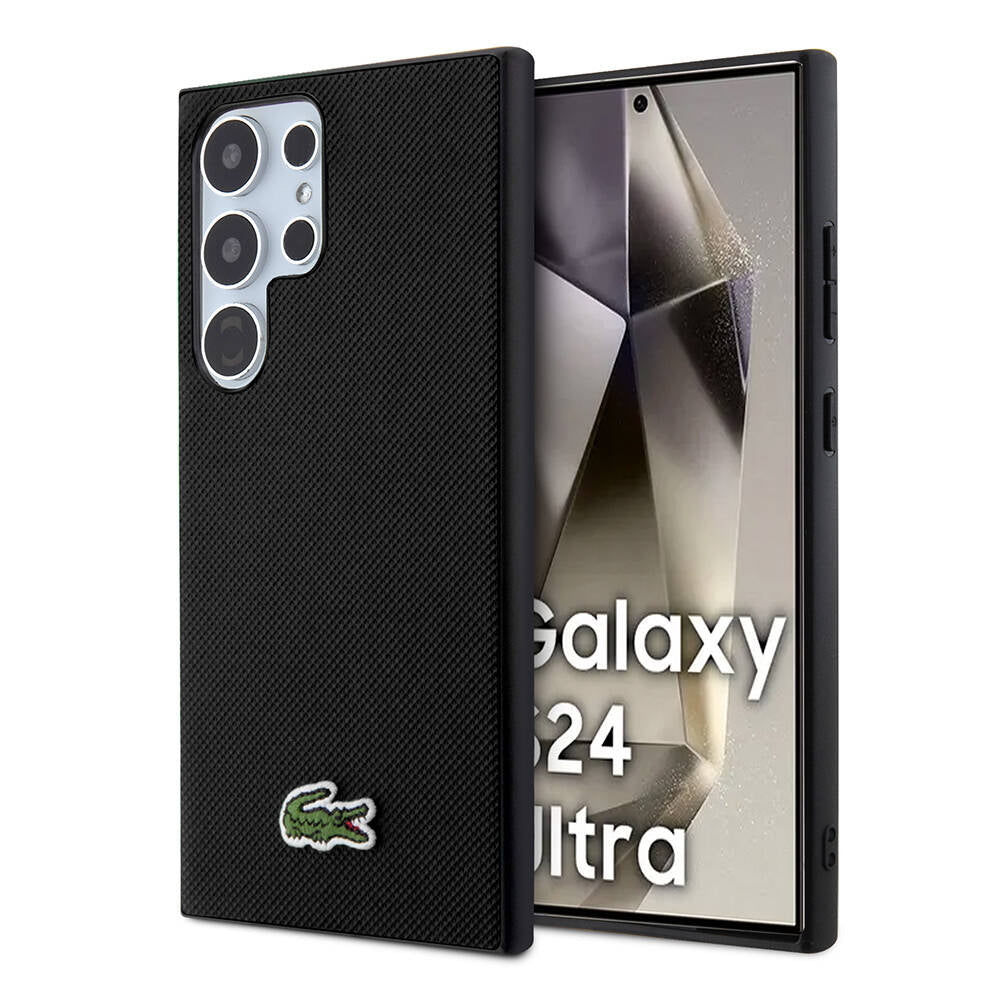 Galaxy S24 Ultra Kılıf Lacoste Orjinal Lisanslı PU Pike Desenli Arka Yüzey İkonik Timsah Dokuma Logolu Kapak Siyah