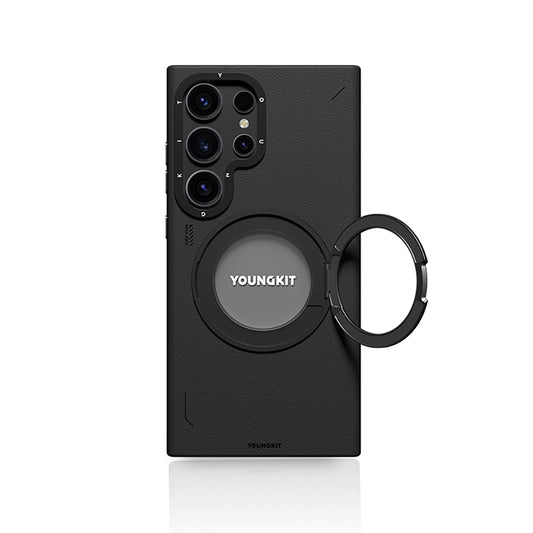 Galaxy S24 Ultra Kılıf M-safe Şarj Özellikli 360° Standlı Basit Mat Deri Desenli Youngkit Tech Leather Serisi Kapak Gri