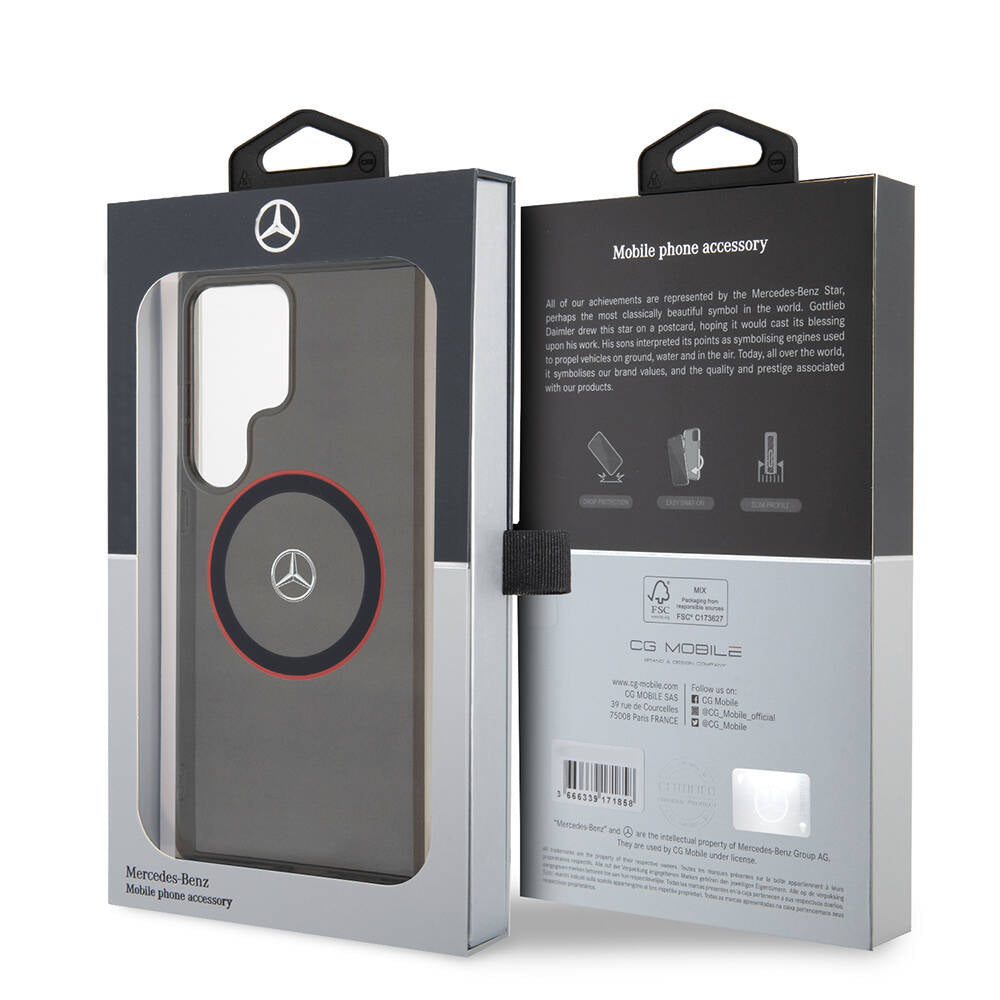 Galaxy S24 Ultra Kılıf Mercedes Benz Orjinal Lisanslı M-safe Şarj Özellikli IML Yıldız Logolu Red Ring Kapak Siyah