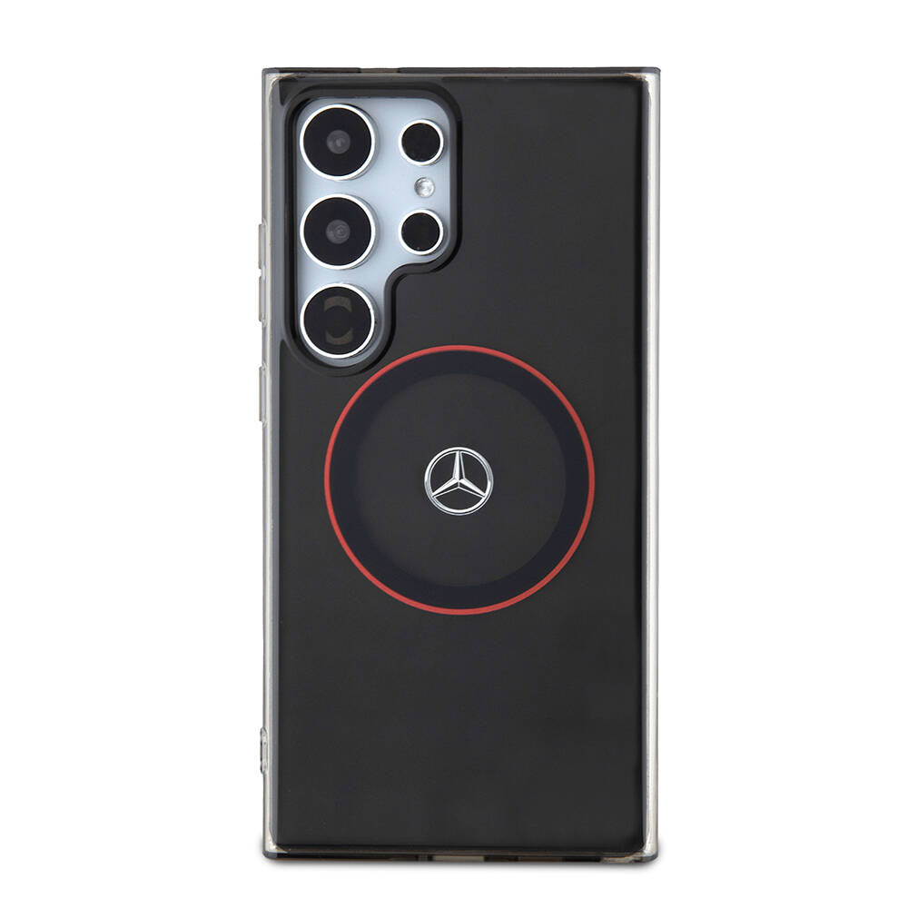 Galaxy S24 Ultra Kılıf Mercedes Benz Orjinal Lisanslı M-safe Şarj Özellikli IML Yıldız Logolu Red Ring Kapak Siyah