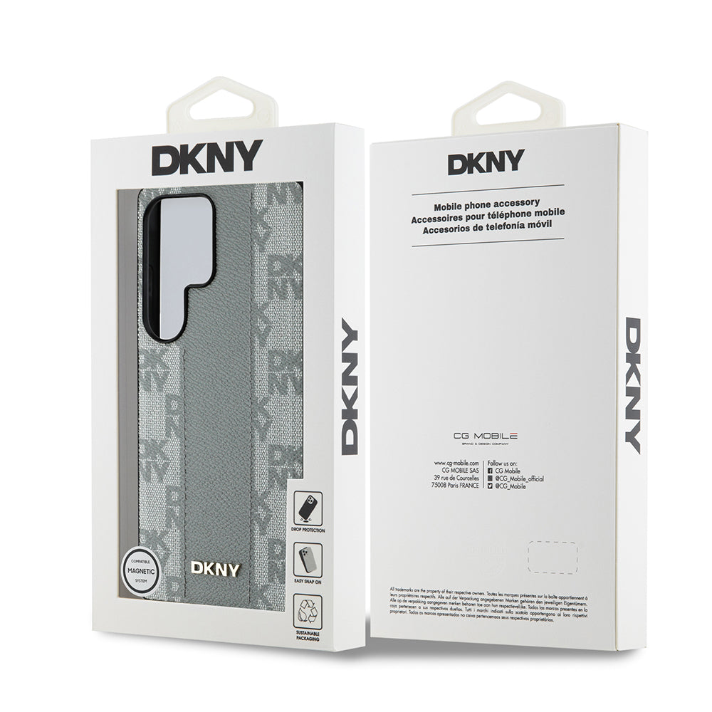Galaxy S25 Ultra Kılıf DKNY Orjinal Lisanslı M-safe Şarj Özellikli 3D Yazılı Checkered Pattern Kapak Bej
