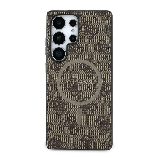 Galaxy S25 Ultra Kılıf Guess Orjinal Lisanslı M-safe Şarj Özellikli PU Halkalı 4G Desenli Yazı Logolu Kapak