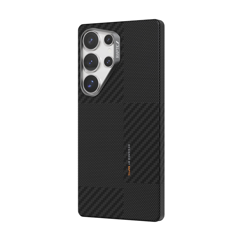 Galaxy S25 Ultra Kılıf M-safe Şarj Özellikli 600D Metal Kamera Çerçeveli Raptic Aramid Fiber Croxx Mondrian Serisi Kapak Siyah