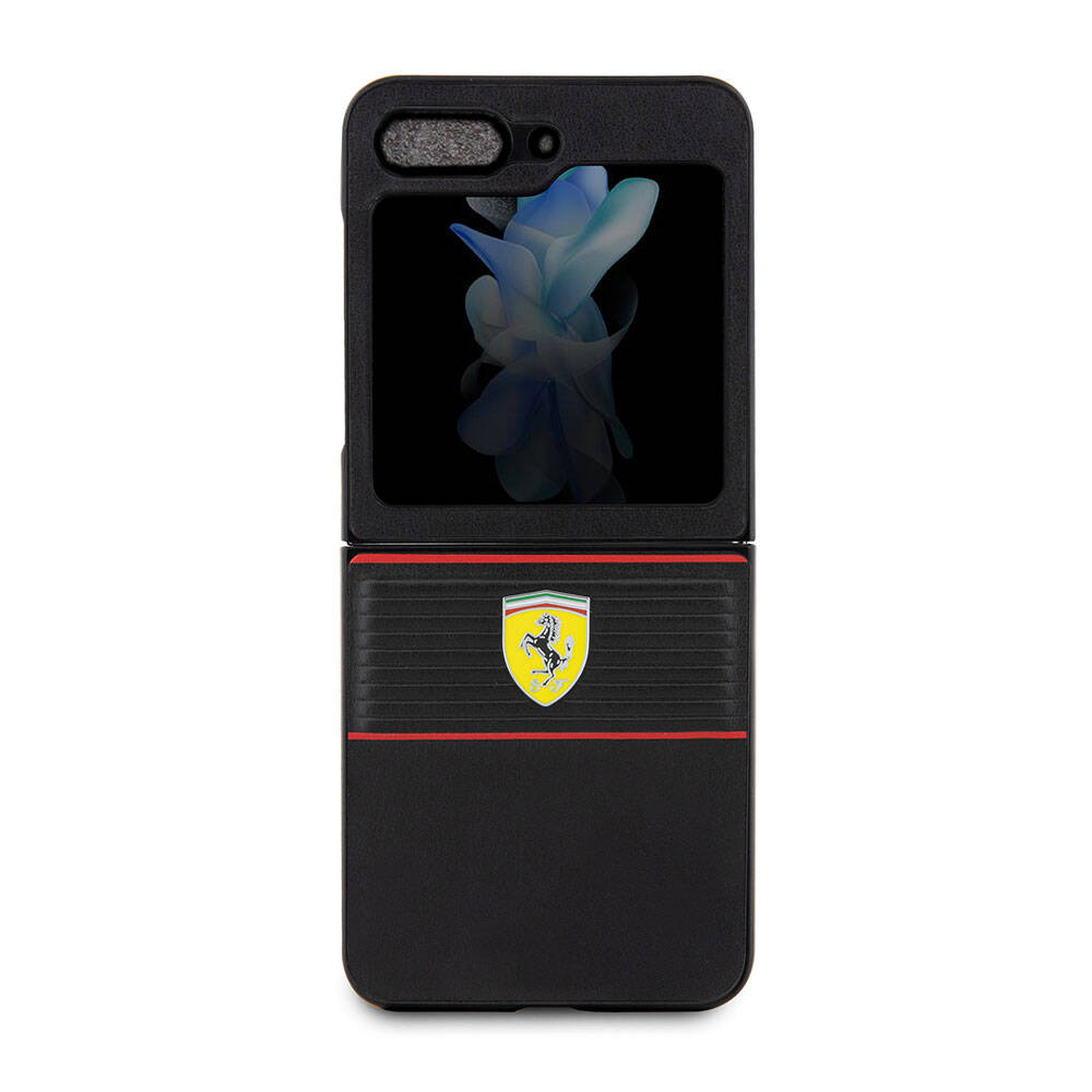 Galaxy Z Flip 5 Kılıf Ferrari Orjinal Lisanslı PU Deri Metal Logolu Multi Çizgili Kapak Kırmızı