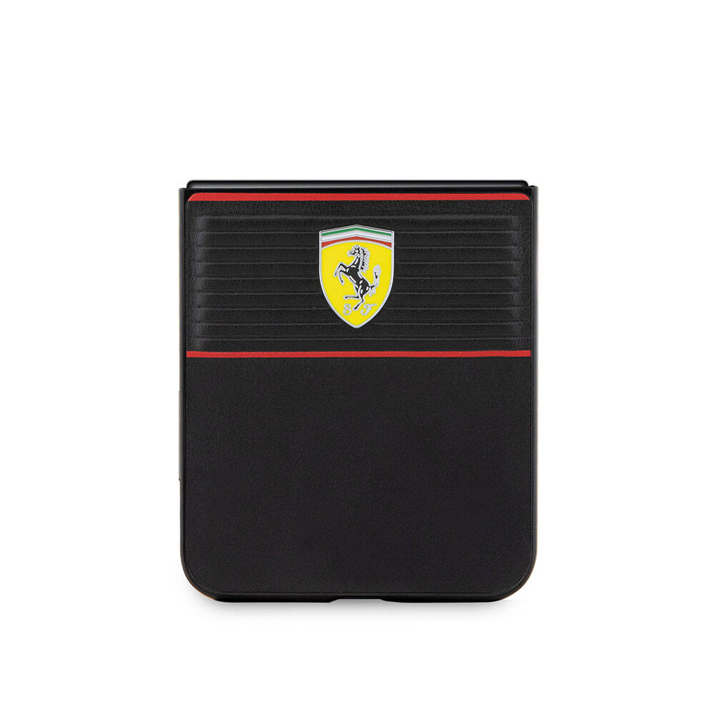 Galaxy Z Flip 5 Kılıf Ferrari Orjinal Lisanslı PU Deri Metal Logolu Multi Çizgili Kapak Kırmızı