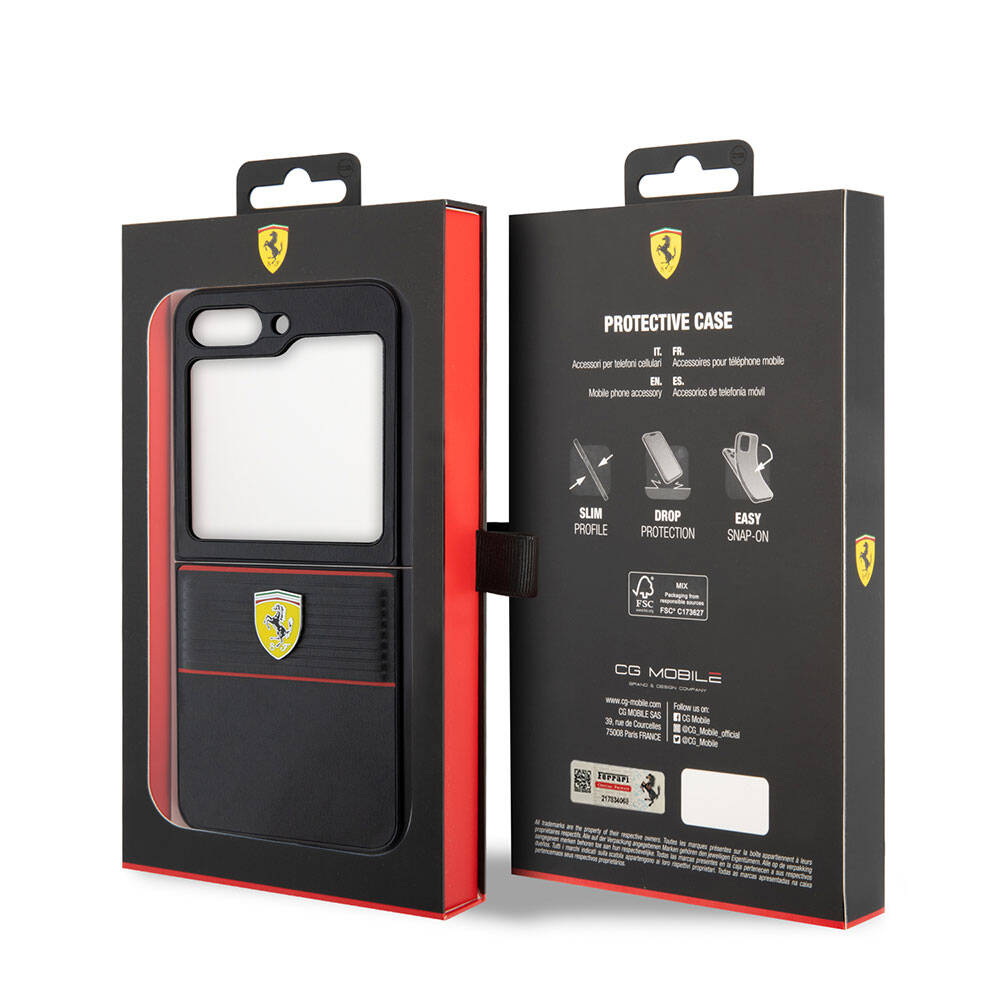Galaxy Z Flip 5 Kılıf Ferrari Orjinal Lisanslı PU Deri Metal Logolu Multi Çizgili Kapak Kırmızı