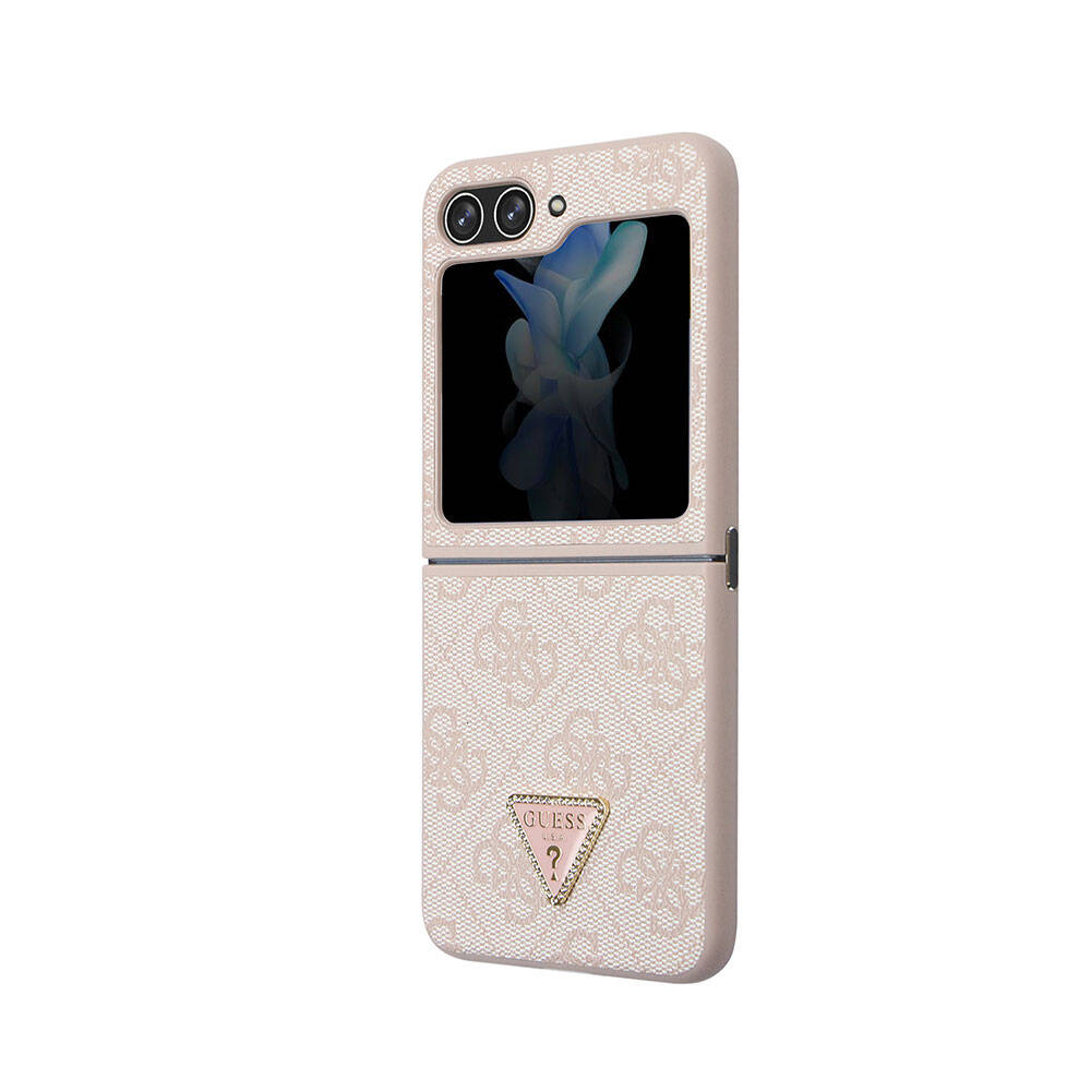 Galaxy Z Flip 5 Kılıf Guess Orjinal Lisanslı PU Deri Taşlı Üçgen Logo 4G Desenli Strass Kapak Kahverengi