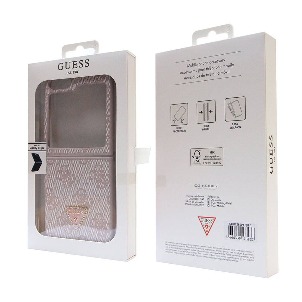 Galaxy Z Flip 5 Kılıf Guess Orjinal Lisanslı PU Deri Taşlı Üçgen Logo 4G Desenli Strass Kapak Kahverengi
