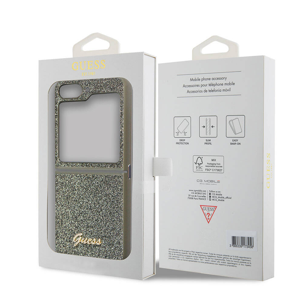 Galaxy Z Flip 5 Kılıf Guess Orjinal Lisanslı Yazı Logolu Glitter Flakes Kapak Haki