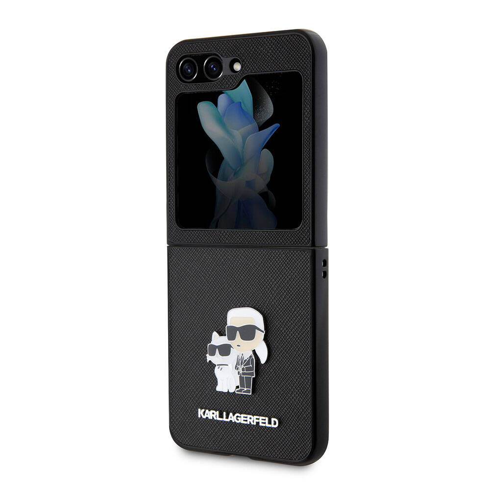 Galaxy Z Flip 5 Kılıf Karl Lagerfeld Orjinal Lisanslı K&C Metal Logolu Saffiano Kapak Siyah