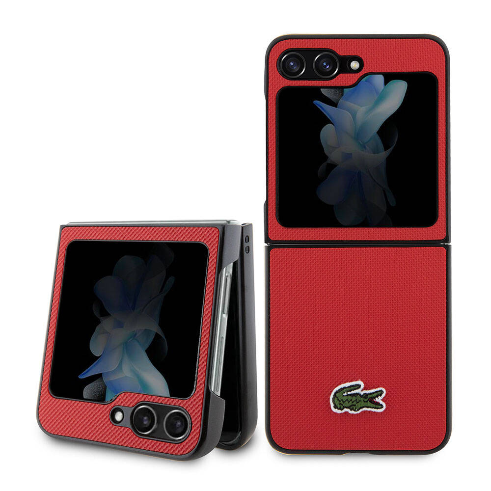 Galaxy Z Flip 5 Kılıf Lacoste Orjinal Lisanslı PU Pike Desenli Arka Yüzey İkonik Timsah Dokuma Logolu Kapak Kırmızı