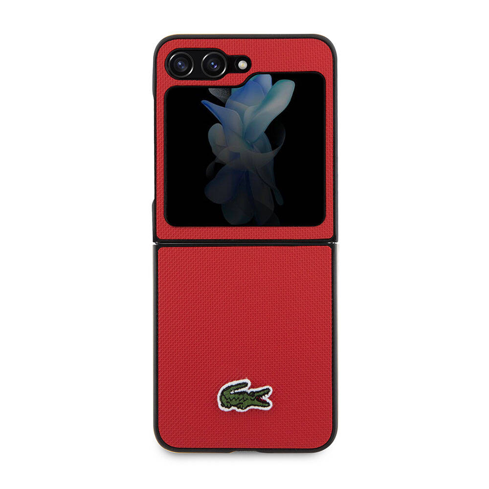 Galaxy Z Flip 5 Kılıf Lacoste Orjinal Lisanslı PU Pike Desenli Arka Yüzey İkonik Timsah Dokuma Logolu Kapak Kırmızı