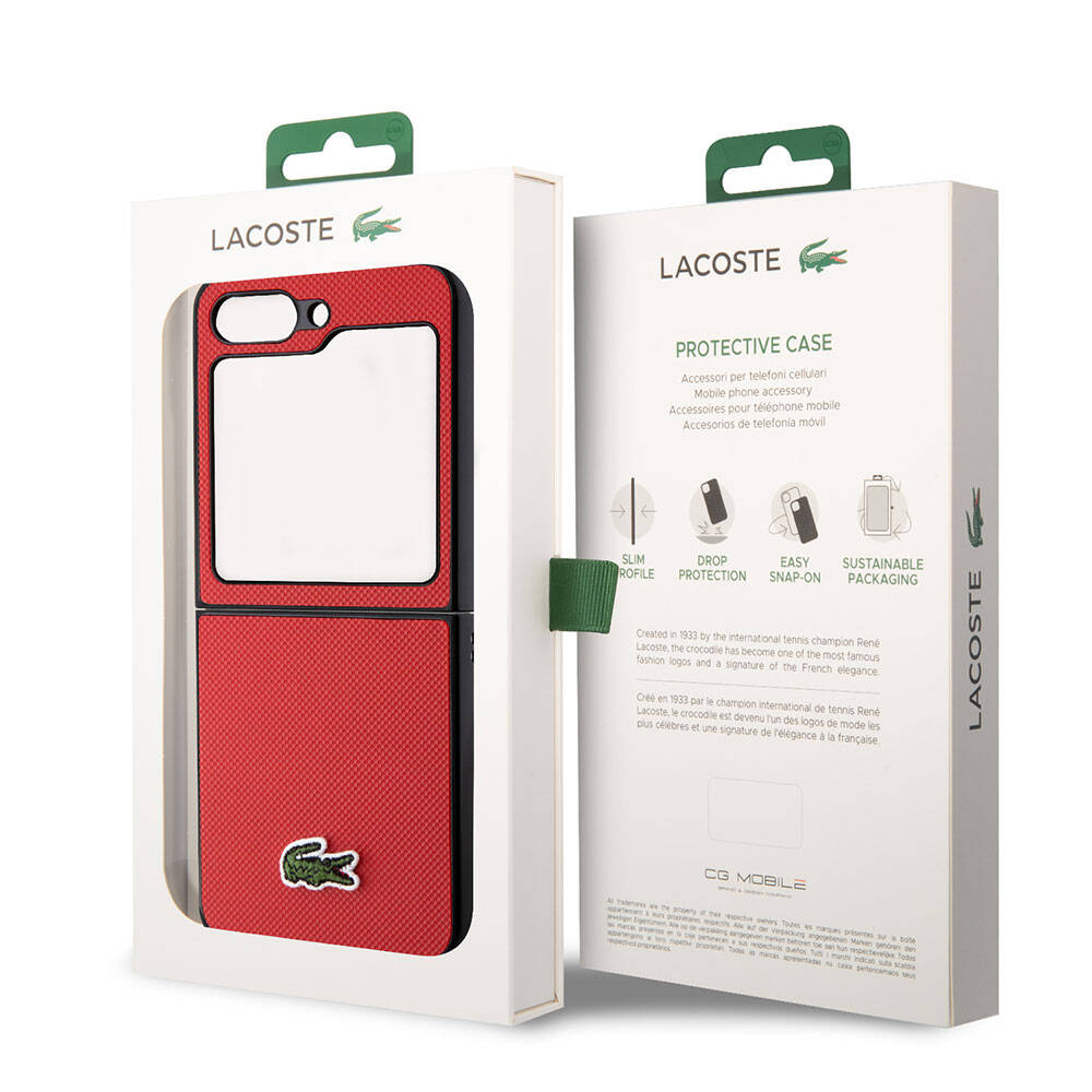Galaxy Z Flip 5 Kılıf Lacoste Orjinal Lisanslı PU Pike Desenli Arka Yüzey İkonik Timsah Dokuma Logolu Kapak Kırmızı
