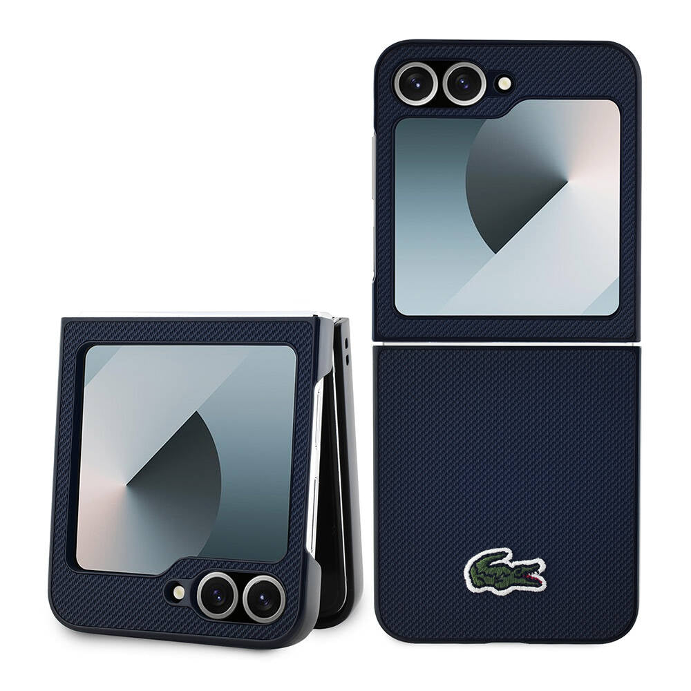 Galaxy Z Flip 6 Kılıf Lacoste Orjinal Lisanslı M-safe Şarj Özellikli Pike Desenli Arka Yüzey İkonik Timsah Dokuma Logolu Kapak Lacivert