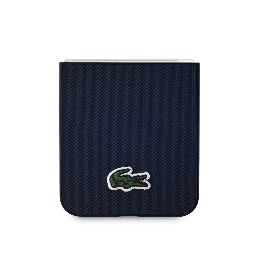 Galaxy Z Flip 6 Kılıf Lacoste Orjinal Lisanslı M-safe Şarj Özellikli Pike Desenli Arka Yüzey İkonik Timsah Dokuma Logolu Kapak Lacivert