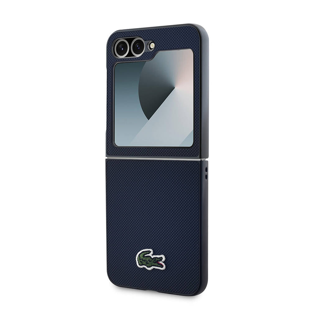 Galaxy Z Flip 6 Kılıf Lacoste Orjinal Lisanslı M-safe Şarj Özellikli Pike Desenli Arka Yüzey İkonik Timsah Dokuma Logolu Kapak Lacivert