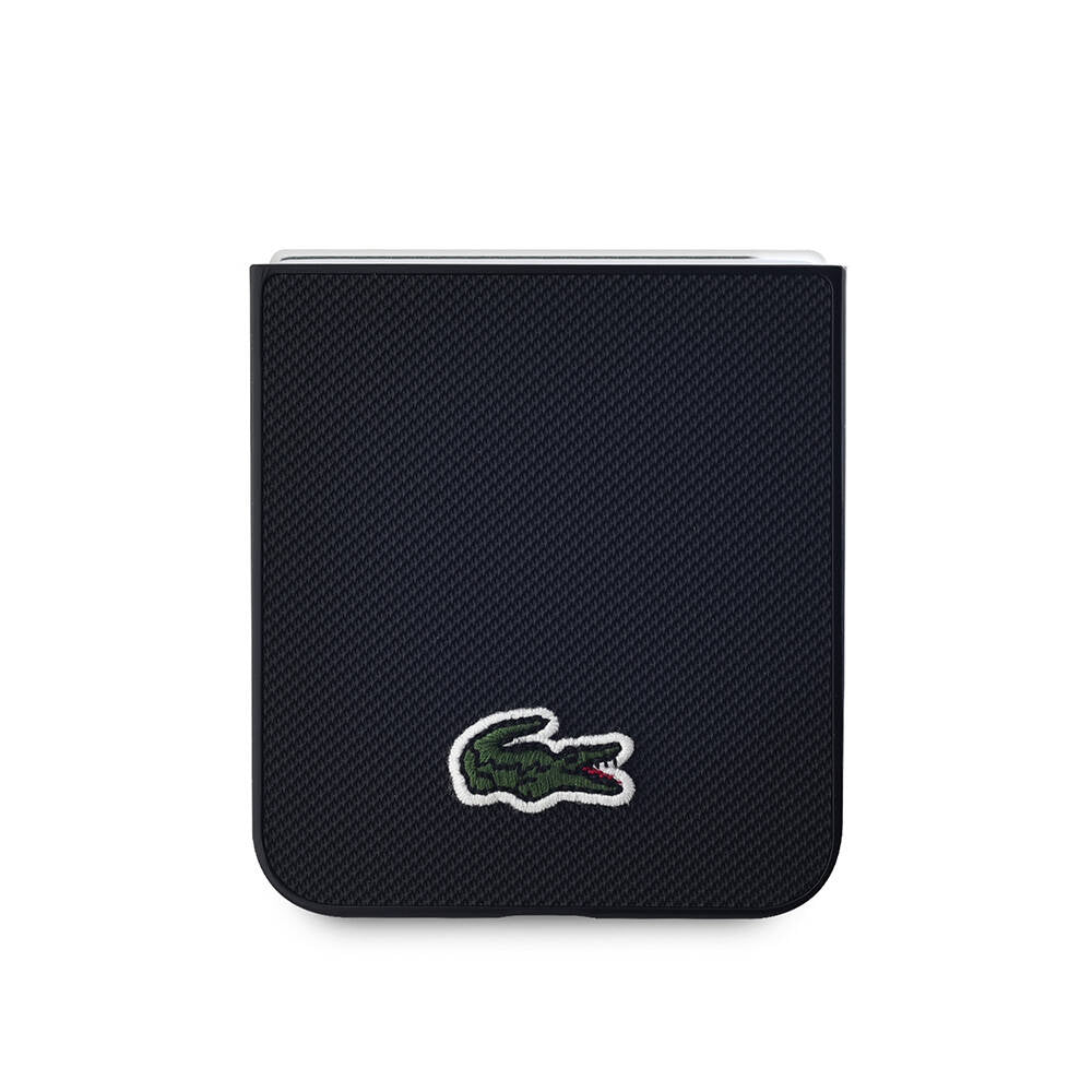 Galaxy Z Flip 6 Kılıf Lacoste Orjinal Lisanslı M-safe Şarj Özellikli Pike Desenli Arka Yüzey İkonik Timsah Dokuma Logolu Kapak Lacivert