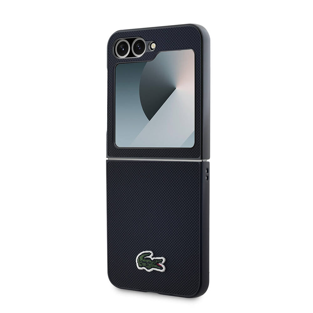 Galaxy Z Flip 6 Kılıf Lacoste Orjinal Lisanslı M-safe Şarj Özellikli Pike Desenli Arka Yüzey İkonik Timsah Dokuma Logolu Kapak Lacivert