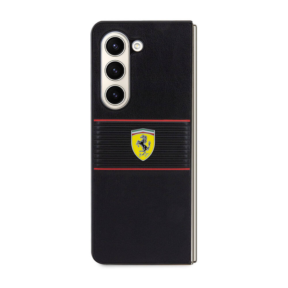 Galaxy Z Fold 5 Kılıf Ferrari Orjinal Lisanslı PU Deri Metal Logolu Multi Çizgili Kapak Kırmızı