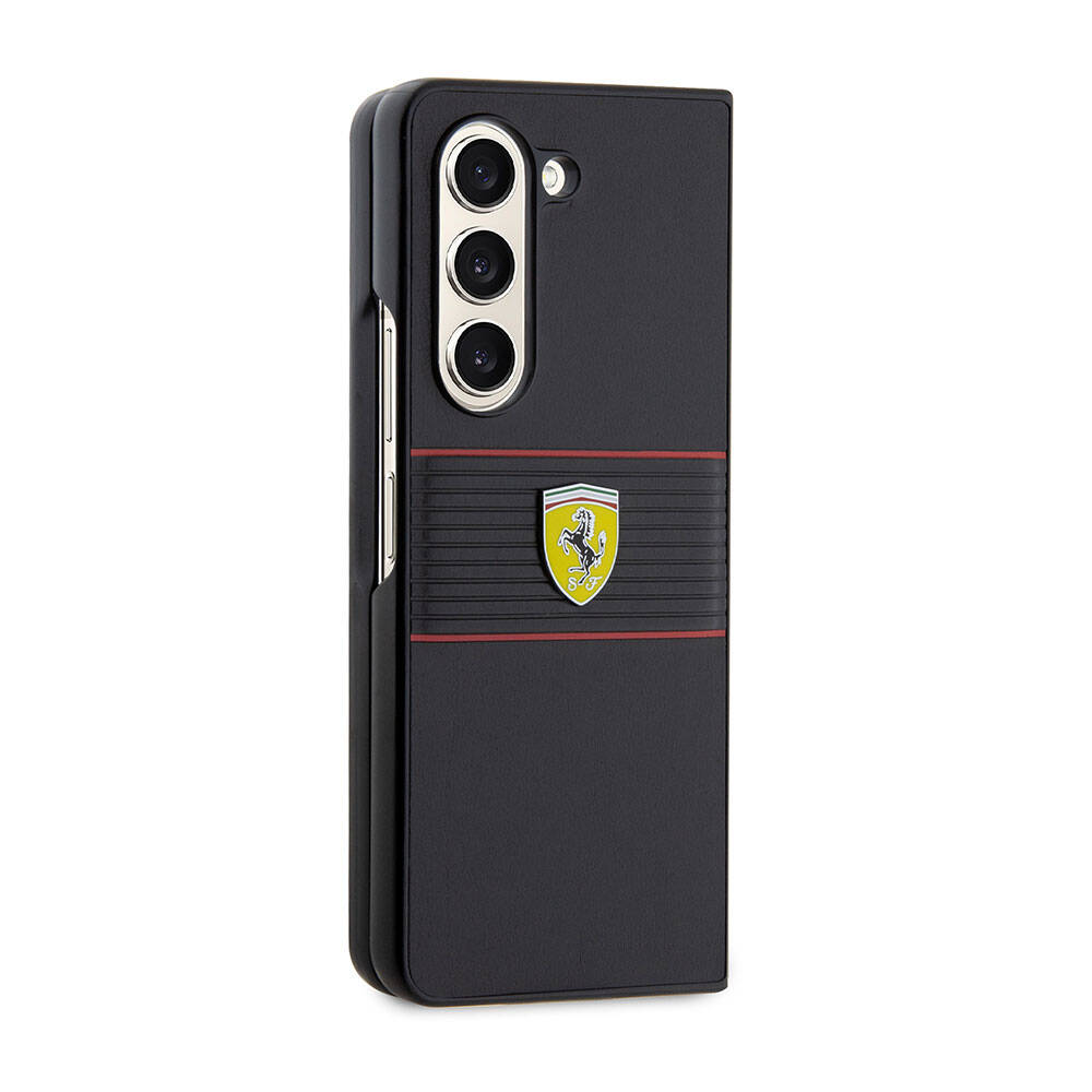 Galaxy Z Fold 5 Kılıf Ferrari Orjinal Lisanslı PU Deri Metal Logolu Multi Çizgili Kapak Kırmızı