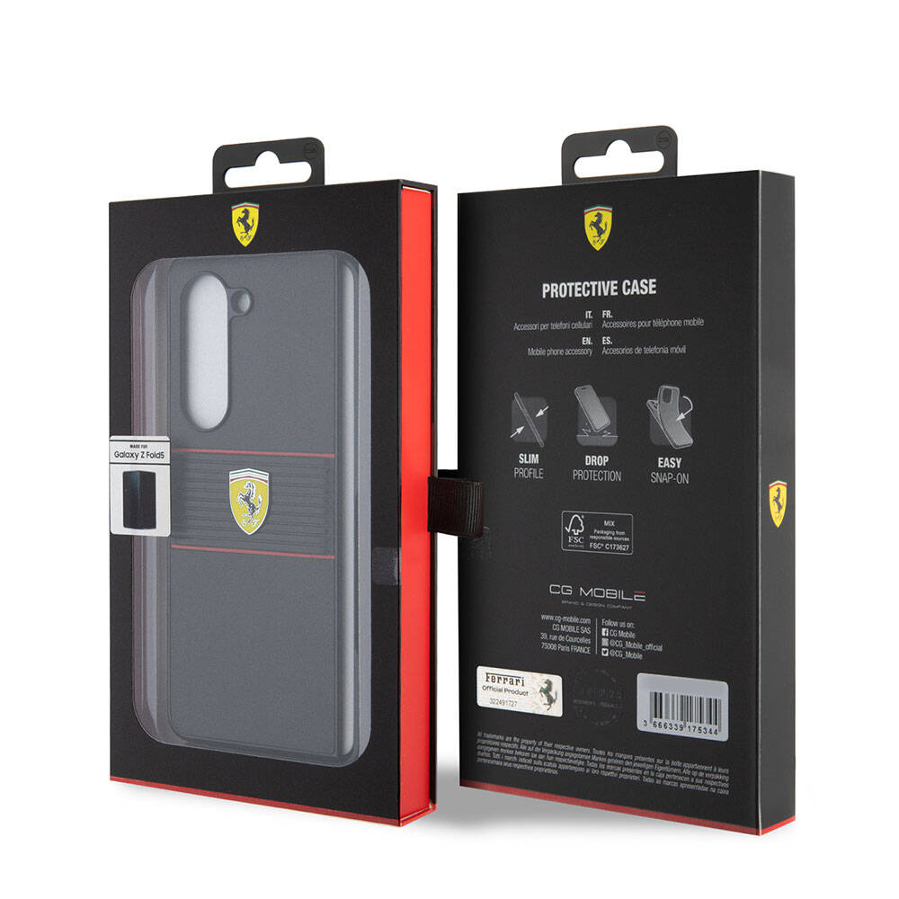 Galaxy Z Fold 5 Kılıf Ferrari Orjinal Lisanslı PU Deri Metal Logolu Multi Çizgili Kapak Kırmızı