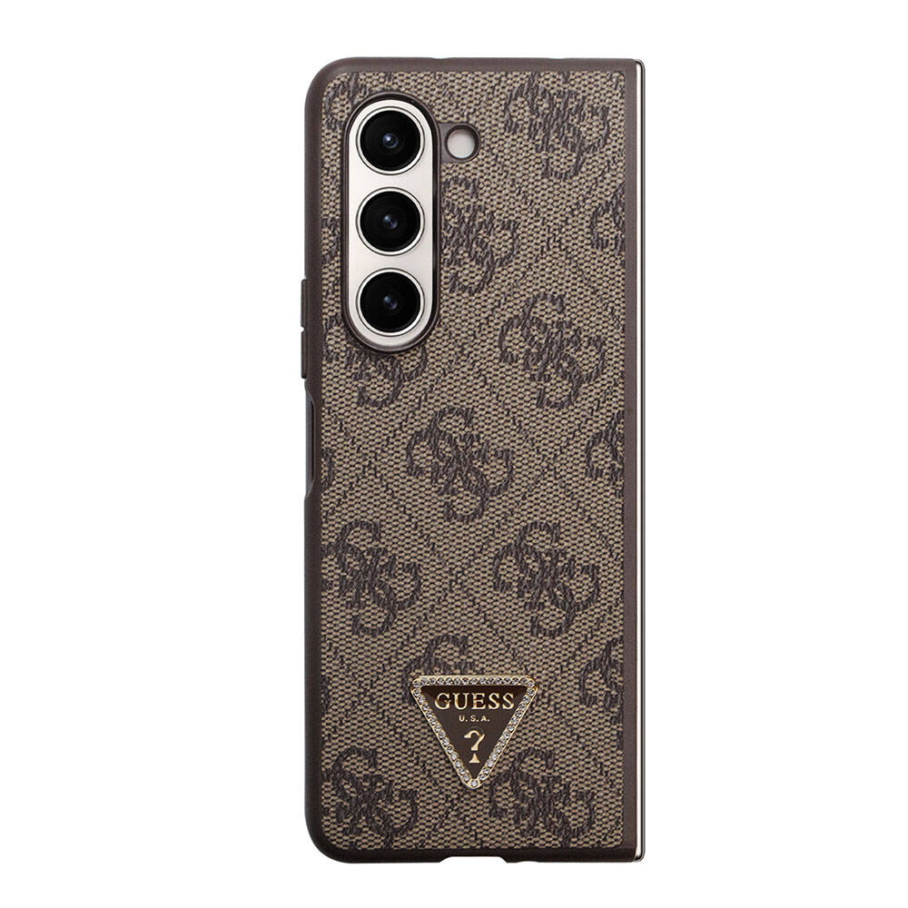 Galaxy Z Fold 5 Kılıf Guess Orjinal Lisanslı PU Deri Taşlı Üçgen Logo 4G Desenli Strass Kapak Pembe