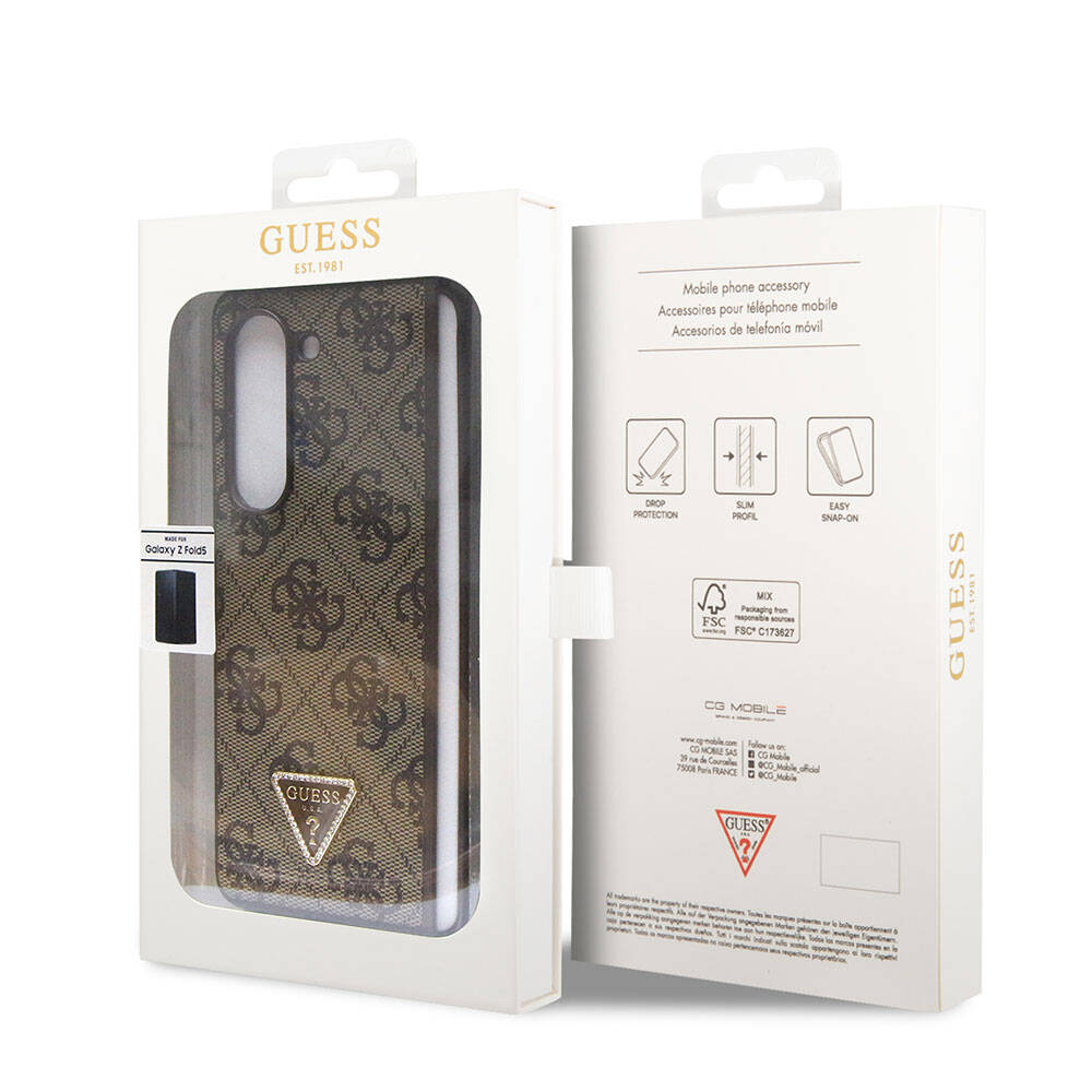 Galaxy Z Fold 5 Kılıf Guess Orjinal Lisanslı PU Deri Taşlı Üçgen Logo 4G Desenli Strass Kapak Siyah