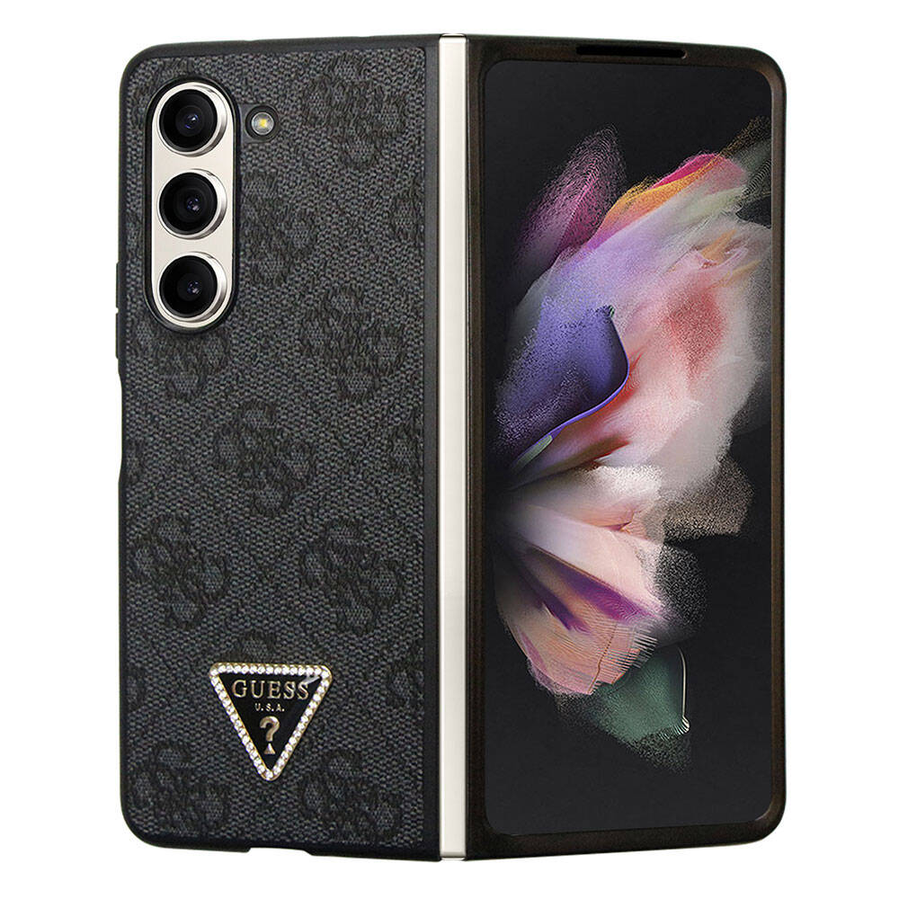 Galaxy Z Fold 5 Kılıf Guess Orjinal Lisanslı PU Deri Taşlı Üçgen Logo 4G Desenli Strass Kapak Siyah