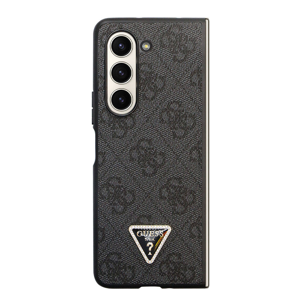 Galaxy Z Fold 5 Kılıf Guess Orjinal Lisanslı PU Deri Taşlı Üçgen Logo 4G Desenli Strass Kapak Pembe