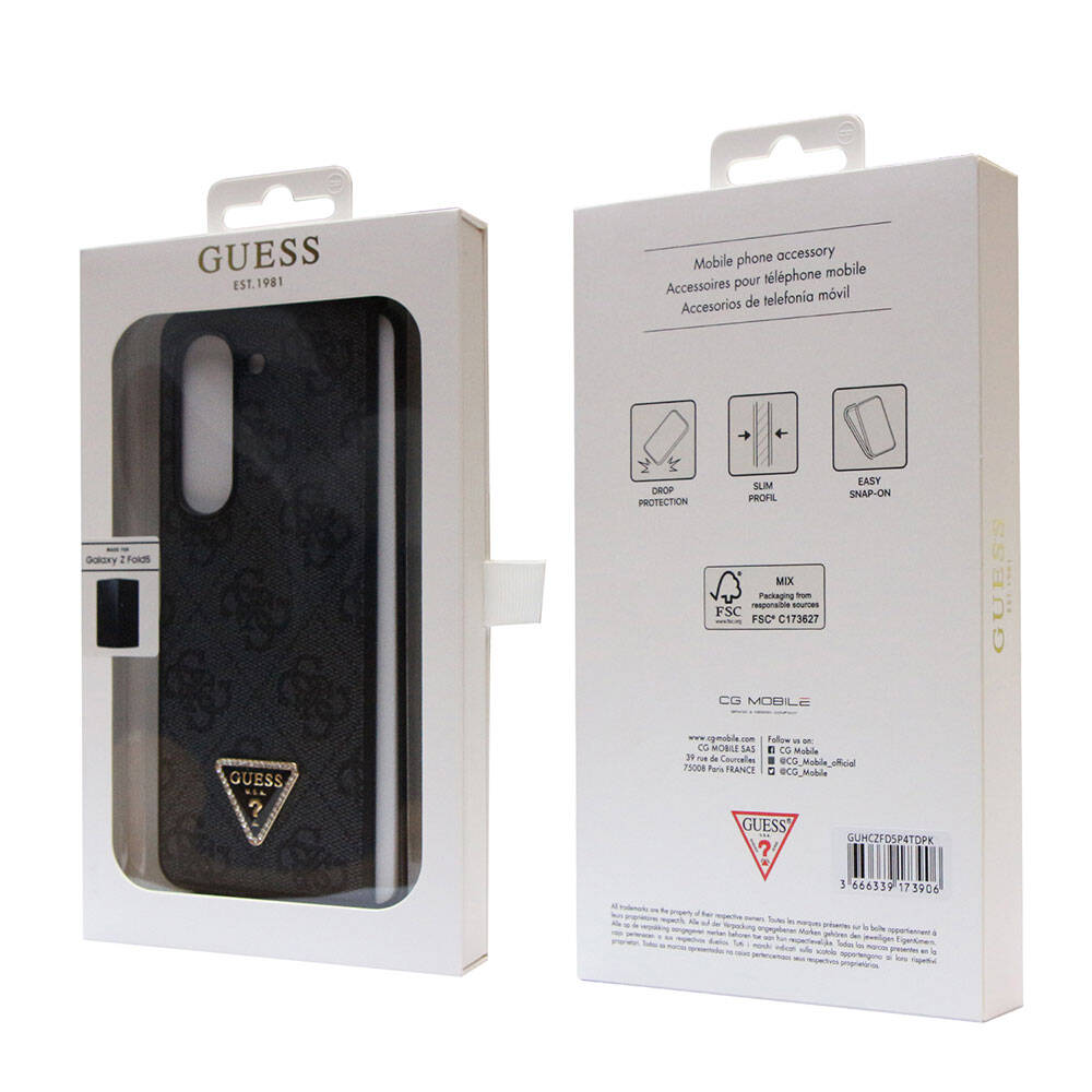 Galaxy Z Fold 5 Kılıf Guess Orjinal Lisanslı PU Deri Taşlı Üçgen Logo 4G Desenli Strass Kapak Pembe