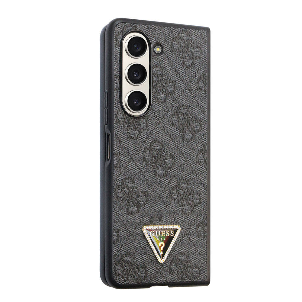 Galaxy Z Fold 5 Kılıf Guess Orjinal Lisanslı PU Deri Taşlı Üçgen Logo 4G Desenli Strass Kapak Siyah