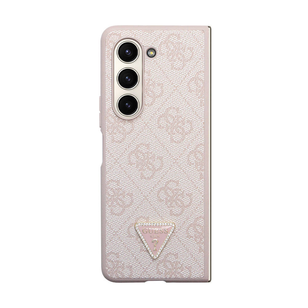 Galaxy Z Fold 5 Kılıf Guess Orjinal Lisanslı PU Deri Taşlı Üçgen Logo 4G Desenli Strass Kapak Pembe