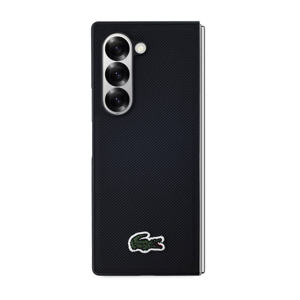 Galaxy Z Fold 6 Kılıf Lacoste Orjinal Lisanslı PU Pike Desenli Arka Yüzey İkonik Timsah Dokuma Logolu Kapak Siyah