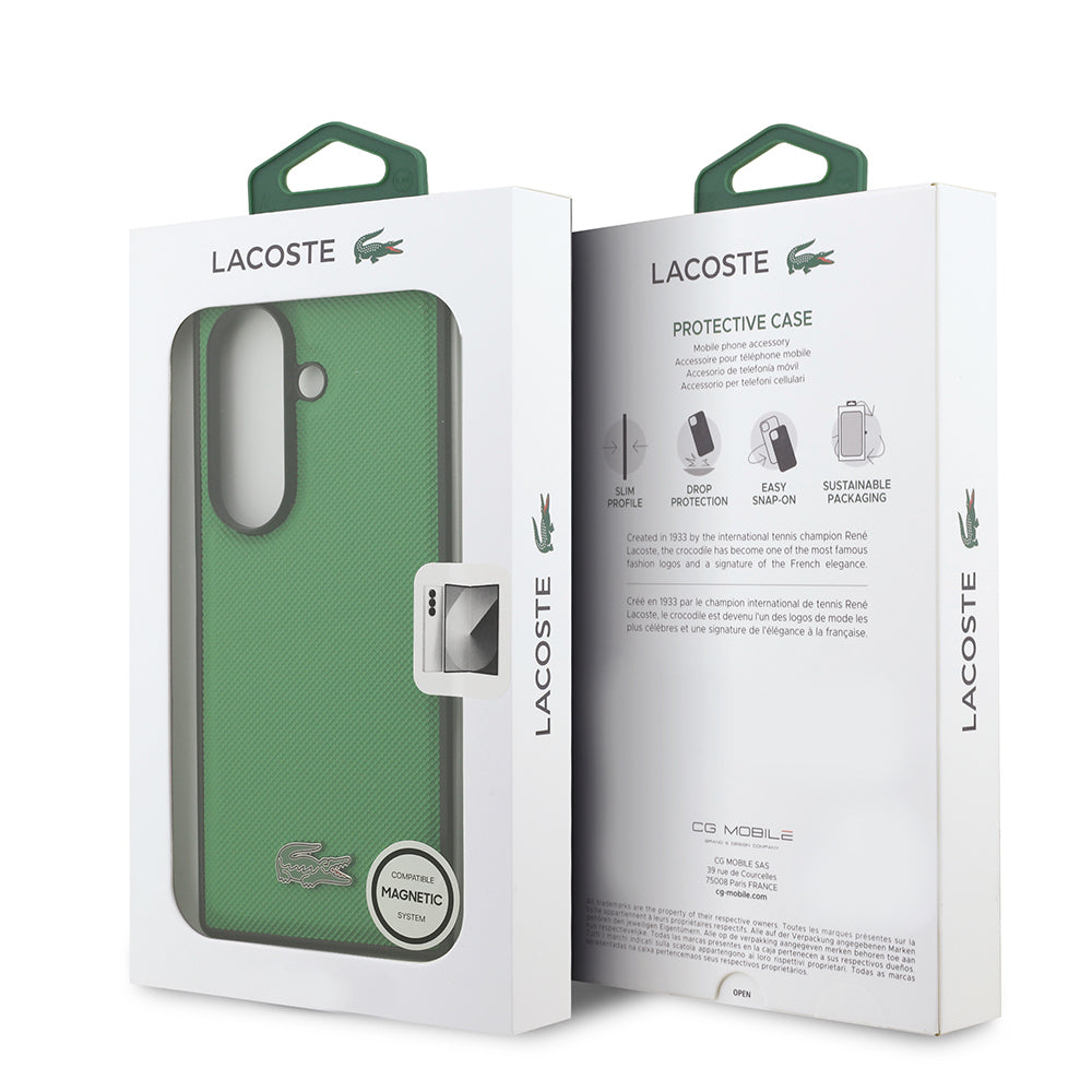 Galaxy Z Fold 7 Kılıf Lacoste Orjinal Lisanslı M-safe Şarj Özellikli Pike Desenli Arka Yüzey İkonik Timsah Metal Logolu Kapak Yeşil