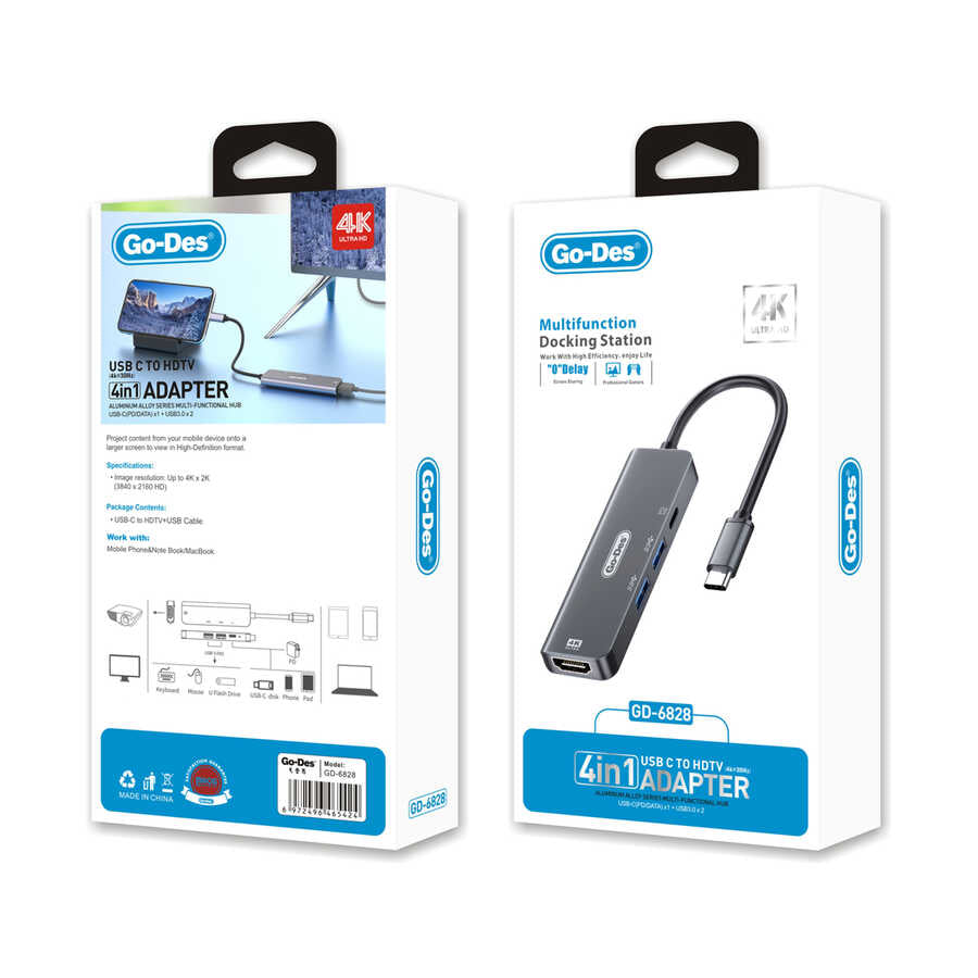 Go Des GD-6828 Type-c to HDTV 4 in 1 Dönüştürücü Adaptör Gri