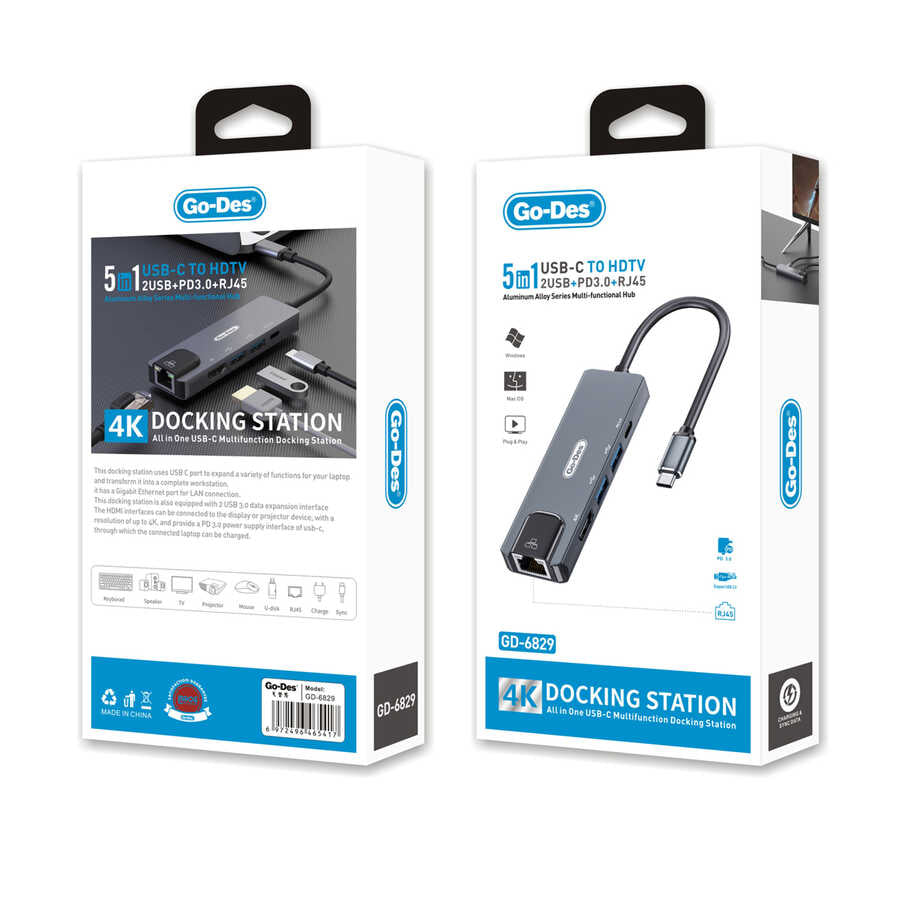 Go Des GD-6829 Type-c to HDTV 5 in 1 Dönüştürücü Adaptör Gri