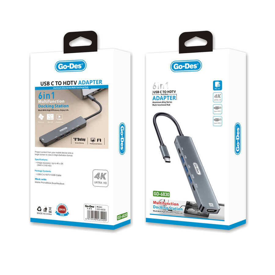 Go Des GD-6830 Type-c to HDTV 6 in 1 Dönüştürücü Adaptör Gri